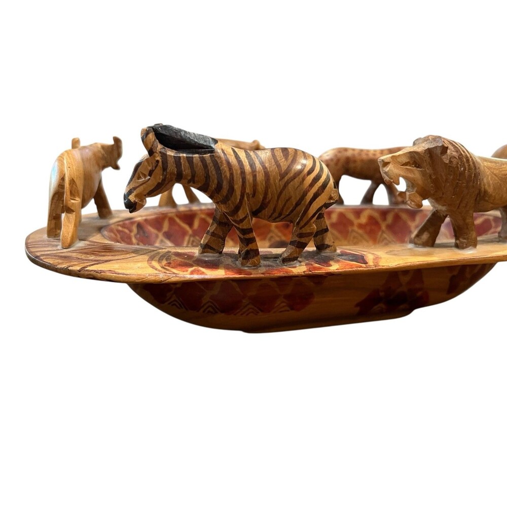 African Safari Animal Hand Carved Wood Bowl 12"w x 5 7/8"d x 4"h - Picture 10 of 16